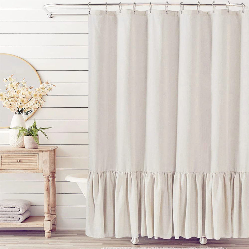 Solid Colorblock Ruffled Hem Linen Shower Curtain