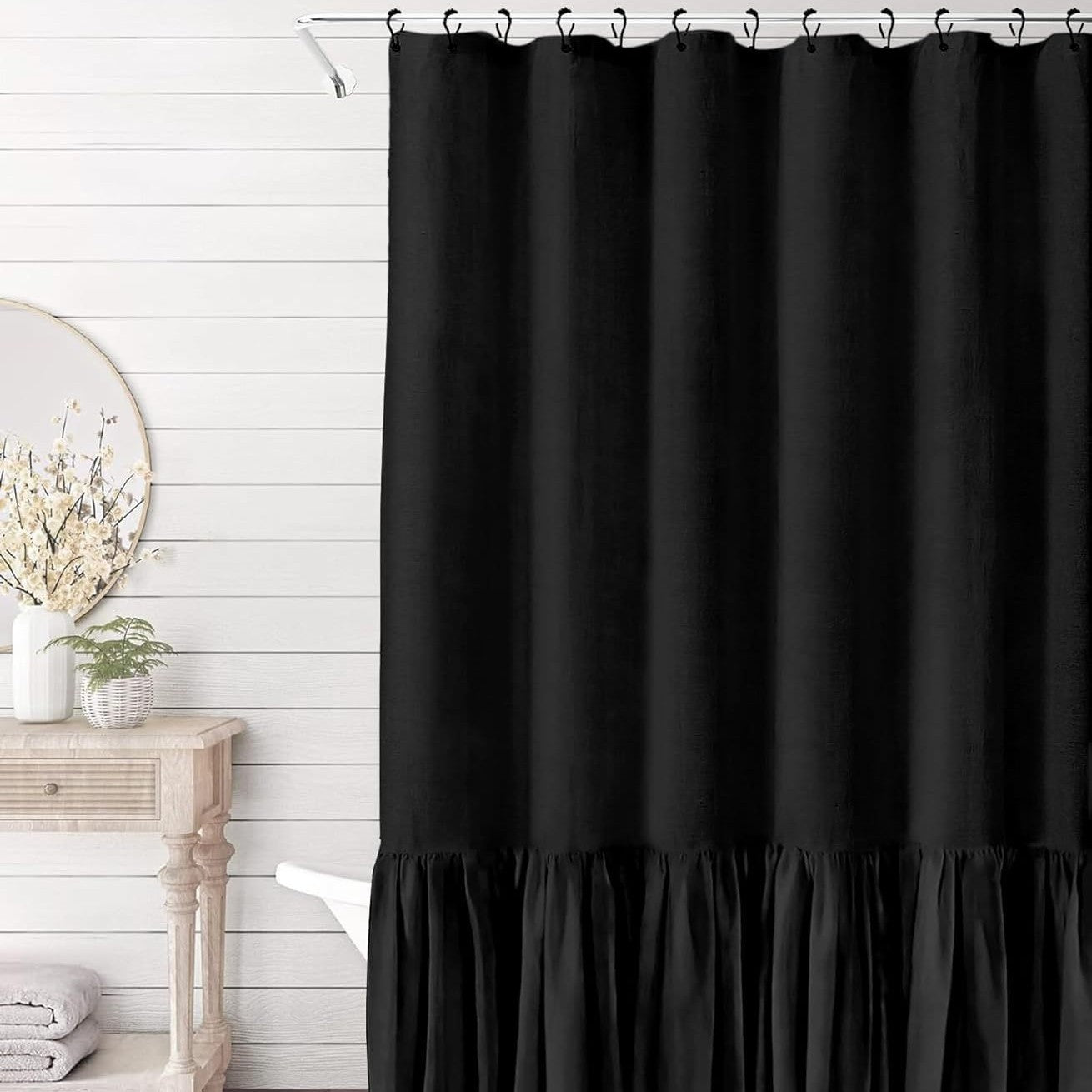 Solid Colorblock Ruffled Hem Linen Shower Curtain