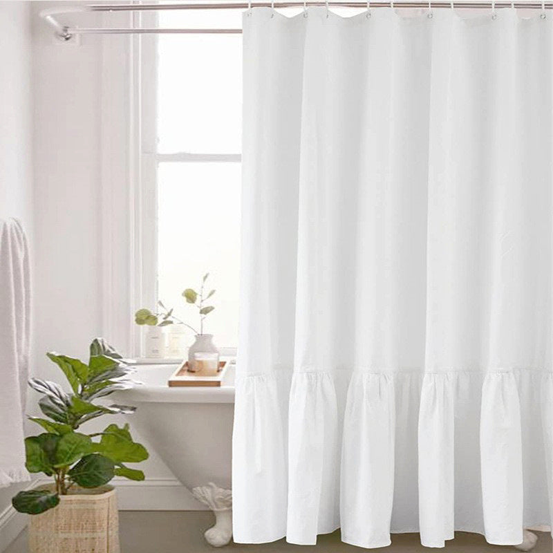 Solid Colorblock Ruffled Hem Linen Shower Curtain